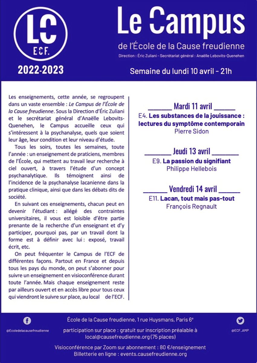 guidelacanienGP's tweet photo. Le Campus de l’ECF 
🔹la semaine du 11avril 

Deux formules :
1) AU LOCAL
1 rue Huysmans, Paris 6eme - GRATUIT – inscription à local@causefreudienne.org (75 places max). 
 
2) EN VISIOCONFÉRENCE
Inscription sur https://t.co/Tih3BPOE91 – 80€ pour un enseignement toute l'année. https://t.co/AwlE2wwyWU