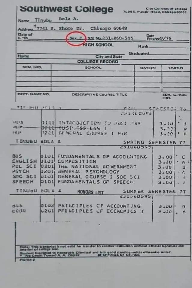 Urchilla01's tweet photo. A gentle reminder that the Bola A. Tinubu, who graduated from Chicago State University, had the female gender assigned to them on their statement of result.

Also, the Social Security Number (SSN) on the result was issued in the same year 1976 in Virginia ✍️🏾 https://t.co/xfM3uBVIPc