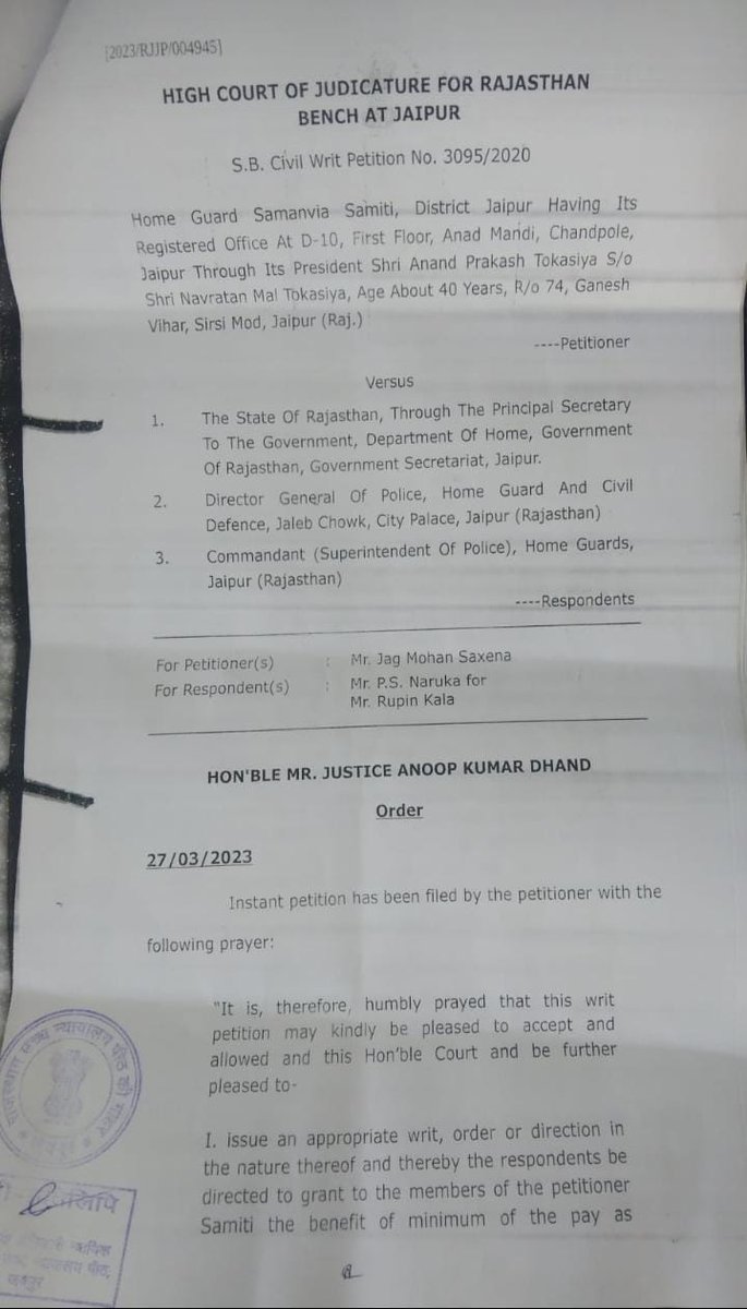 Goverdh23831952's tweet photo. 27 मार्च 2023 को हाईकोर्ट के आदेशानुसार राजस्थान होमगार्डस को वर्ष 2015 से पुलिस सिपाही का न्यूनतम वेतन +महंगाई भत्ता +धुलाई भत्ता सहित एरियर व अन्य भत्ते देने का आदेश जारी कर 3 माह में पालना सुनिश्चित करने के लिए गृह सचिव व डीजी होमगार्ड को किये आदेश।
@TV9Rajasthan @QamarAnchor https://t.co/ASTemoiBJ9