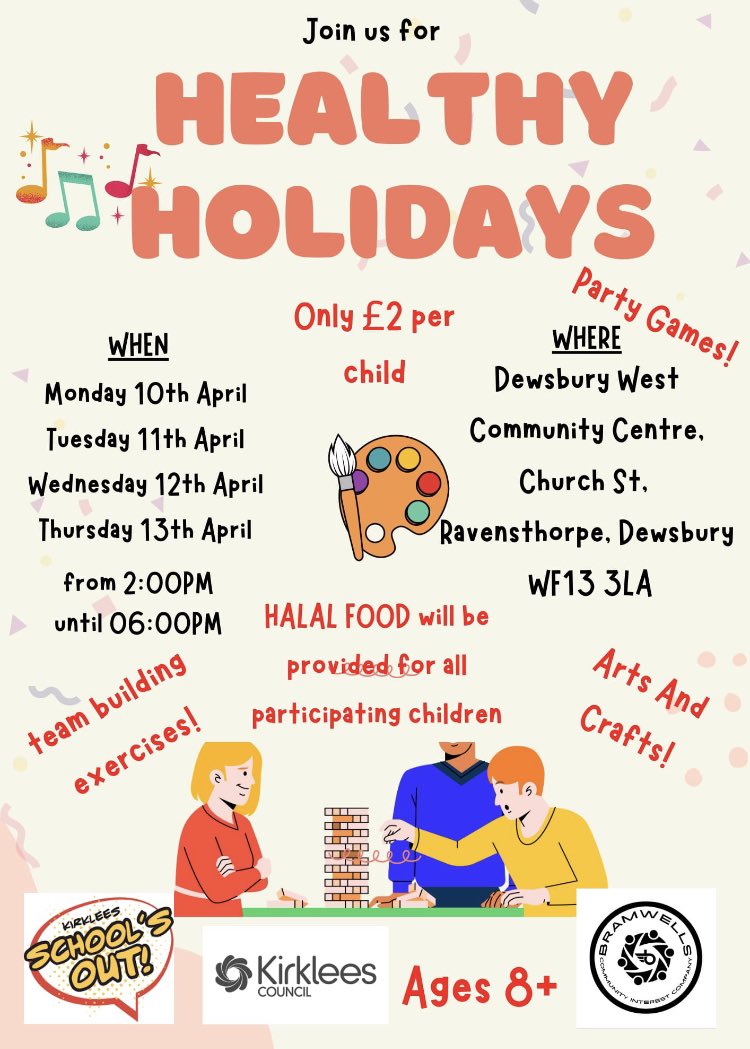 TODAY - We have our first healthy holiday Easter session starting at 10am at DEWSBURY kick off! 

Then at 2pm we are at RAVENSTHORPE Dewsbury west community centre!

Details are below, providing sports and a free meal #foodpoverty