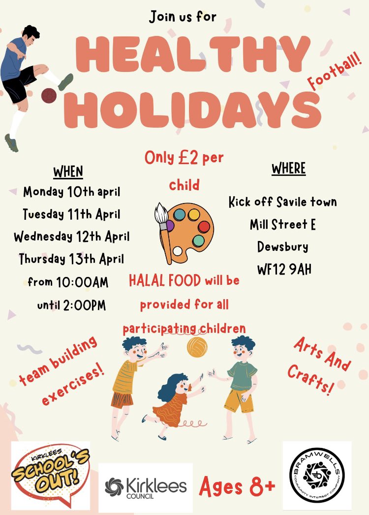tanishabramwell's tweet photo. TODAY - We have our first healthy holiday Easter session starting at 10am at DEWSBURY kick off! 

Then at 2pm we are at RAVENSTHORPE Dewsbury west community centre!

Details are below, providing sports and a free meal #foodpoverty https://t.co/PfQgz6AClb