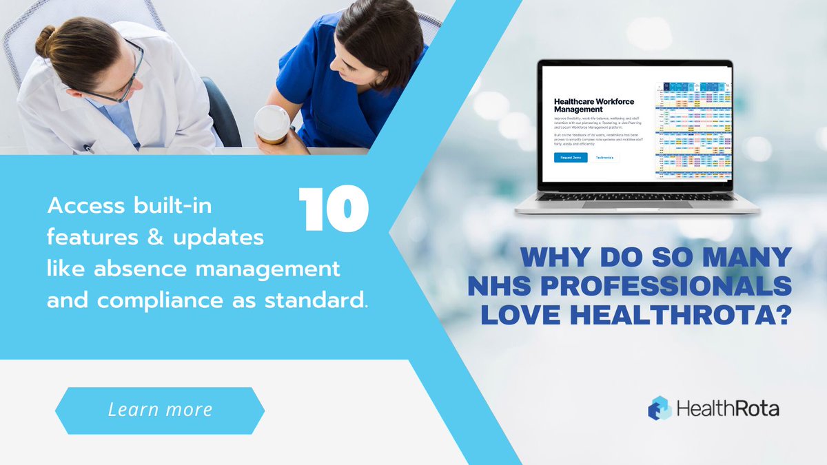healthrota's tweet photo. Did you know our range of industry-leading e-Rostering features and updates, like absence management and the Junior Doctor module, come as standard? It's just another reason why so many NHS Trusts are turning to #HealthRota. #eRostering #Since2017 https://t.co/gdSusN26Ps