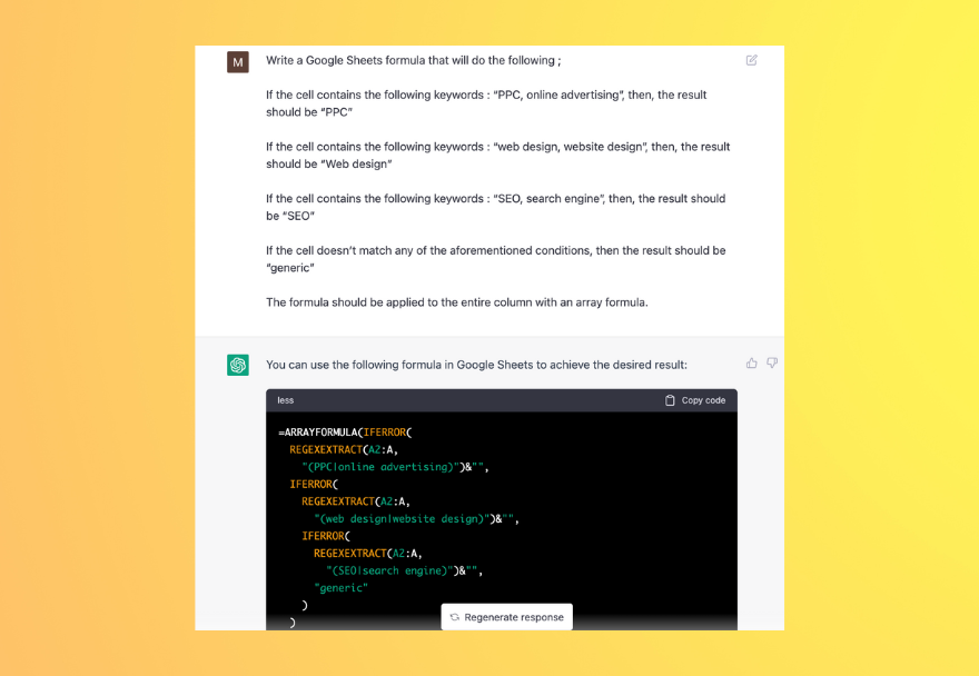 moniquebma's tweet photo. You probably won’t use 99% of the ChatGPT use cases shared on Twitter because they’re not really actionable, but here’s one that’s actually useful : using chatGPT to write complex Excel/ Google Sheets formulas 🤌 https://t.co/E5Hvs7ZkA8