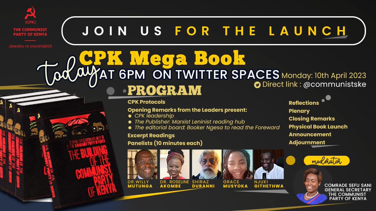 pongeweb's tweet photo. Unveiling todays panelist for the twitter space (https://t.co/VnVBkKaRCR) Book Launch. The physical launch will take place at Cheche Bookstore and Cafe on April 30th 2023, 2pm. @WMutunga @DrRoselynAkombe @njukigithethwa @shiraz_durrani @sefu_sanni @gmutheu #MegaBook @BookerBiro https://t.co/6ZoT6H1lil