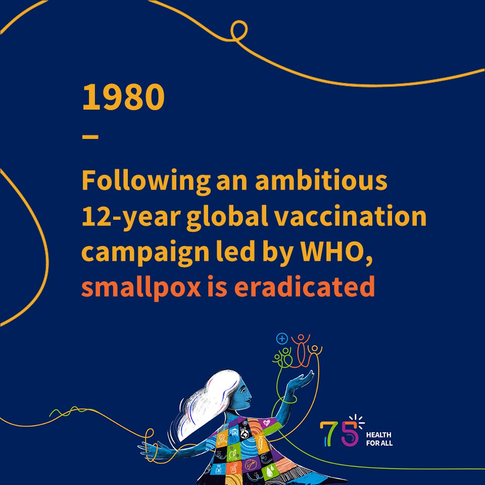#VaccinesWork

Proof ➡️ In 1980, following an ambitious 12-year global vaccination campaign led by WHO, smallpox was eradicated!

Let’s keep working together to achieve #HealthForAll

#WorldHealthDay #WHO75