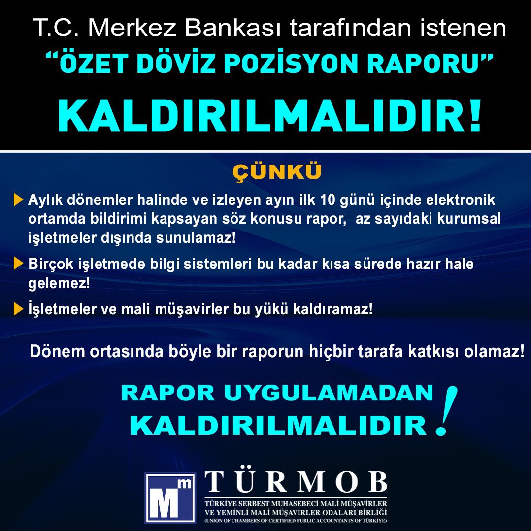 T.C. Merkez Bankası tarafından istenen “Özet Döviz Pozisyon Raporu” kaldırılmalıdır! 

#dövizpozisyonu
#dövizraporu
<a href="/HMBakanligi/">T.C. Hazine ve Maliye Bakanlığı</a>
<a href="/gibsosyalmedya/">Gelir İdaresi Başkanlığı</a>