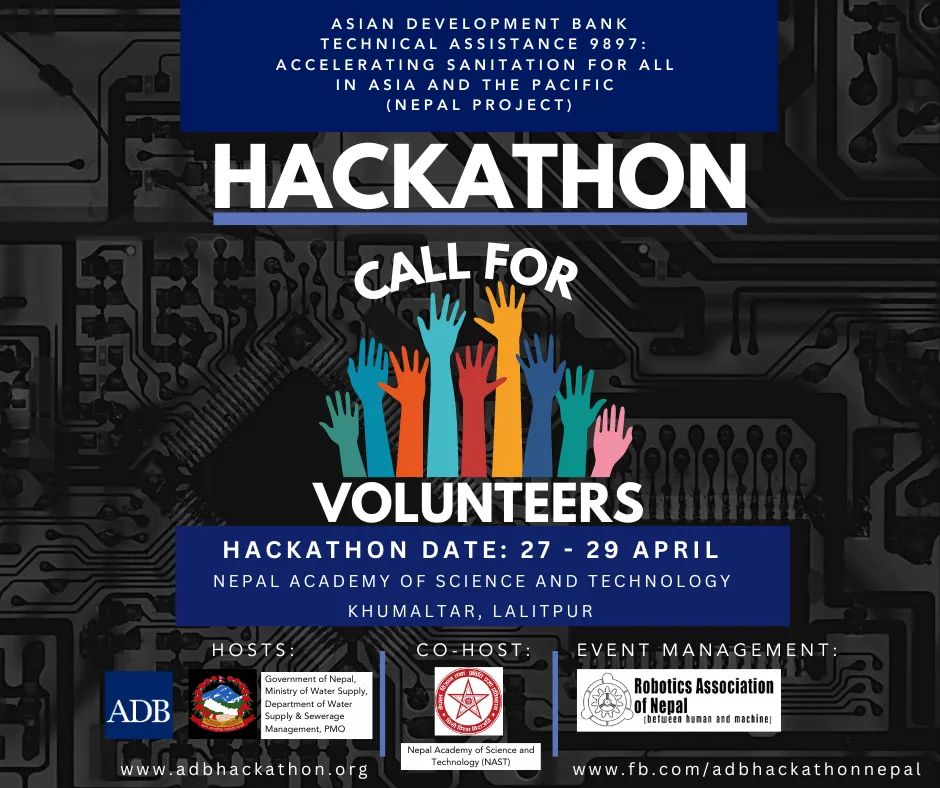 adbhackathon's tweet image. CALL FOR VOLUNTEERS 
Hackathon - 27 April &amp;amp; 29 April
Register Here : forms.gle/ijjGrLmU3Bf67U…
LOcation: NAST, Khumaltar, Satdobato, Lalitpur
Contact Details: adbhackathon@gmail.com | 9866493562
#ADBHackathon #SanitationWorkers #Safety #Dignity #ADB #MoWS #DWSSM #PMO #NAST #RAN