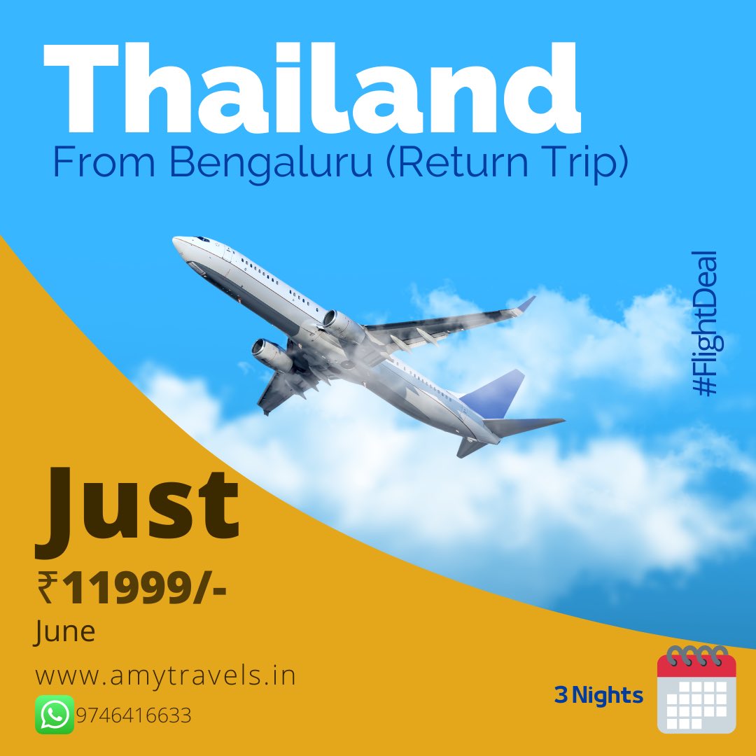 We provide better price deals than Swadeshi App EaseMyTrip. Bengaluru- Thailand round-trip flights for just ₹11999/-. #Bangkok - #Pattaya 3nights package with flight, hotel and transfer starting from ₹15999/person. #FlightDeal #Package #Bangalore #AmyTravels #Travel #MondayMood