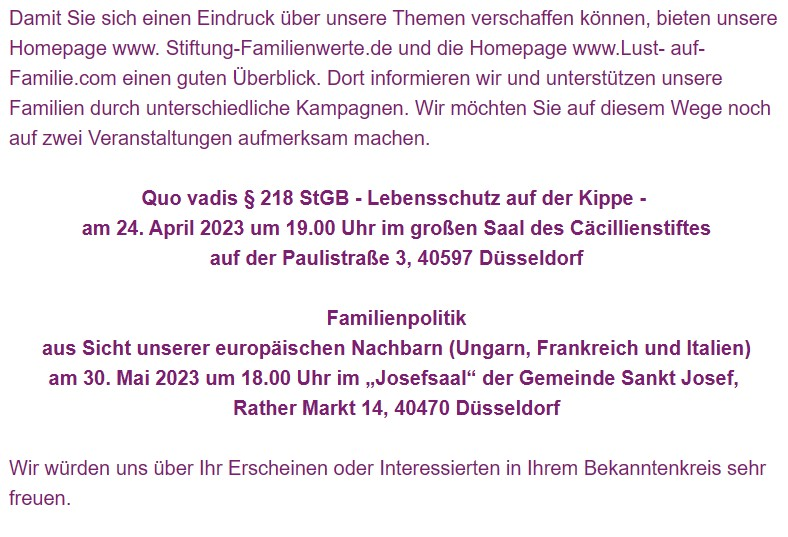 taltalim_tali's tweet image. Am 24.04. und 30.05.2023 will die ultra-konservative, katholische, antifeministische und LGBTIQA-feindliche "Stiftung für Familienwerte" VAen in #Düsseldorf durchführen.
Ex-MdB Sylvia Pantel (CDU) ist Geschäftsführerin der SfF, die auch an der "Demo für Alle" beteiligt ist.