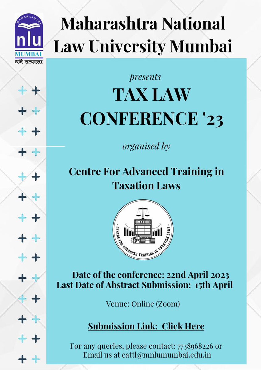 Maharashtra National Law University Mumbai presents TAX LAW CONFERENCE '23 organised by Centre For Advanced Training in Taxation Laws For more details visit: lnkd.in/gB8styDx