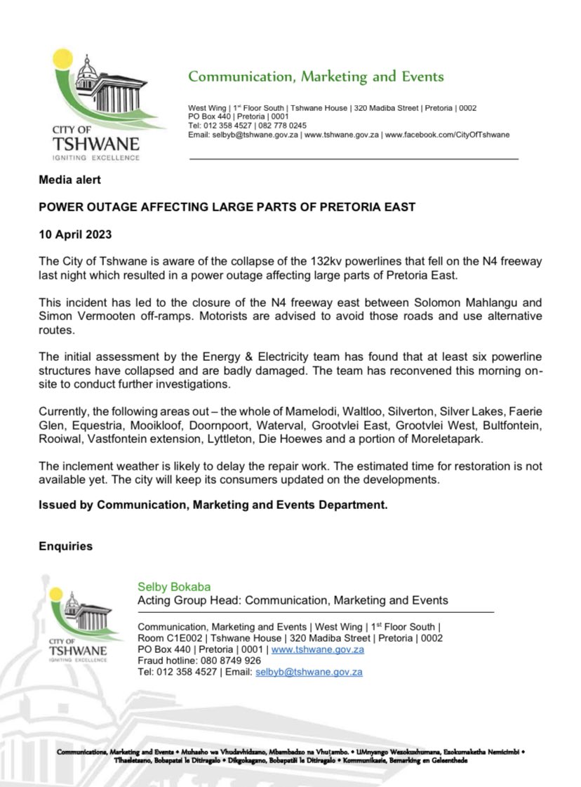 STATEMENT: The City of Tshwane is attending to the collapse of the 132kv powerlines that fell on the N4 freeway last night which resulted in a power outage affecting large parts of Pretoria East. <a href="/CityTshwane/">City of Tshwane</a>