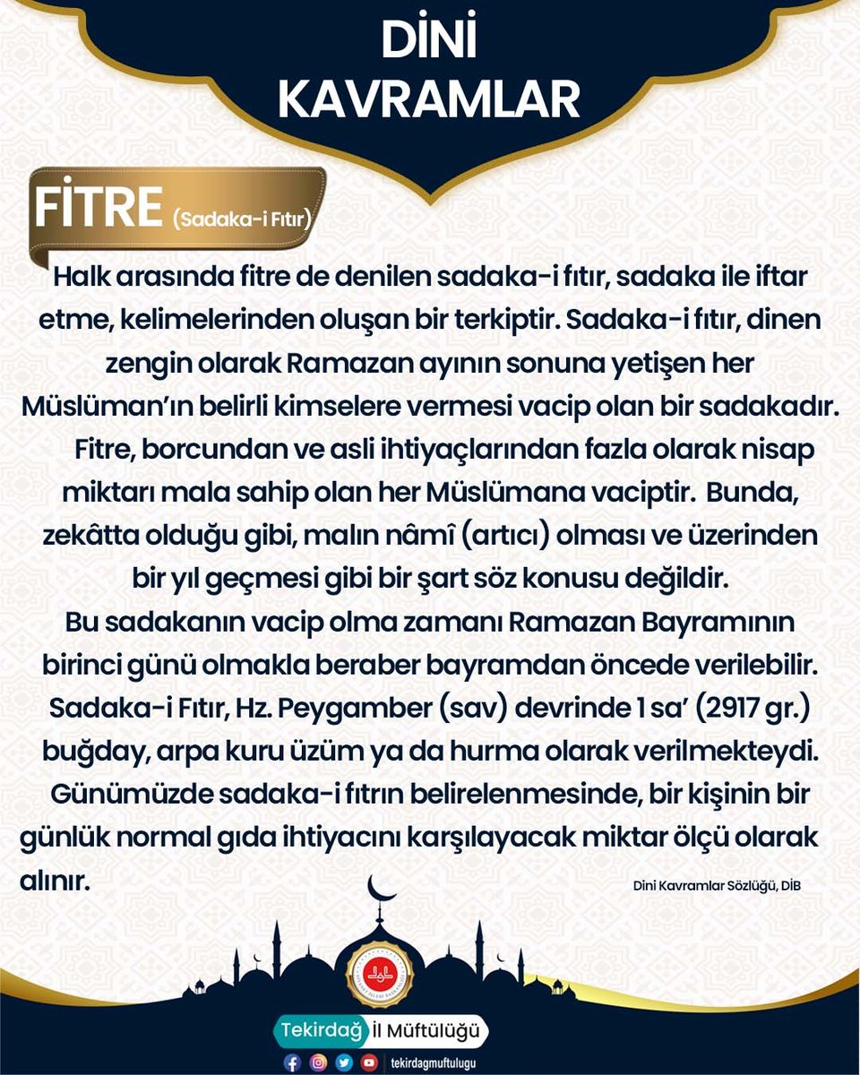 ''DİNİ KAVRAMLAR'' Fitre

#DiniKavramlar #Fitre #Ramazan
#Diyanet #AliErbaş
#TekirdağMüftülüğü