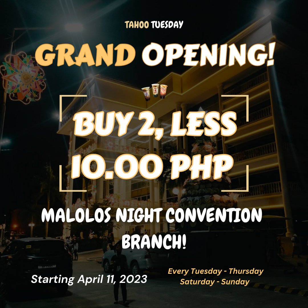 Tahoo_Tuesday's tweet photo. Dahil Love na Love kayo ng TT
May pa-promo ang TT para sa inyo!
Get a 10 peso discount if you buy 2 (1 Tahoo Series + 1 Soya Series) Tahoo Tuesday product on Opening Night!
April 11, 2023 @ Malolos Night Convention
Kita kits, mga ka-TT!
#TahooTuesday #MorethanTaho https://t.co/6VphYgqJjL