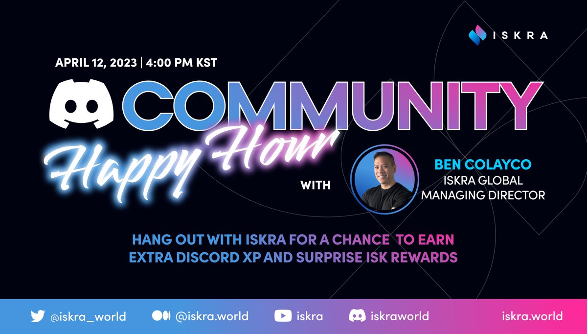 iskra_world's tweet photo. Who says we can't vibe in the middle of the week like its Friday? 🙈🥳

Join us on the 12th for our Discord Community Happy Hour 🍻 w/ our Global Managing Director @GamebossThe. 🎊🦾

⭐️ The venue 👉🏻 https://t.co/7B6jzd8YQb
🔥 The sched 👉🏻 April 12th, 7:00 AM UTC 

Get to know the #Iskra community better and bring your game on -- there might be FREE $ISK and XP involved. 💰😝

#Giveaway
