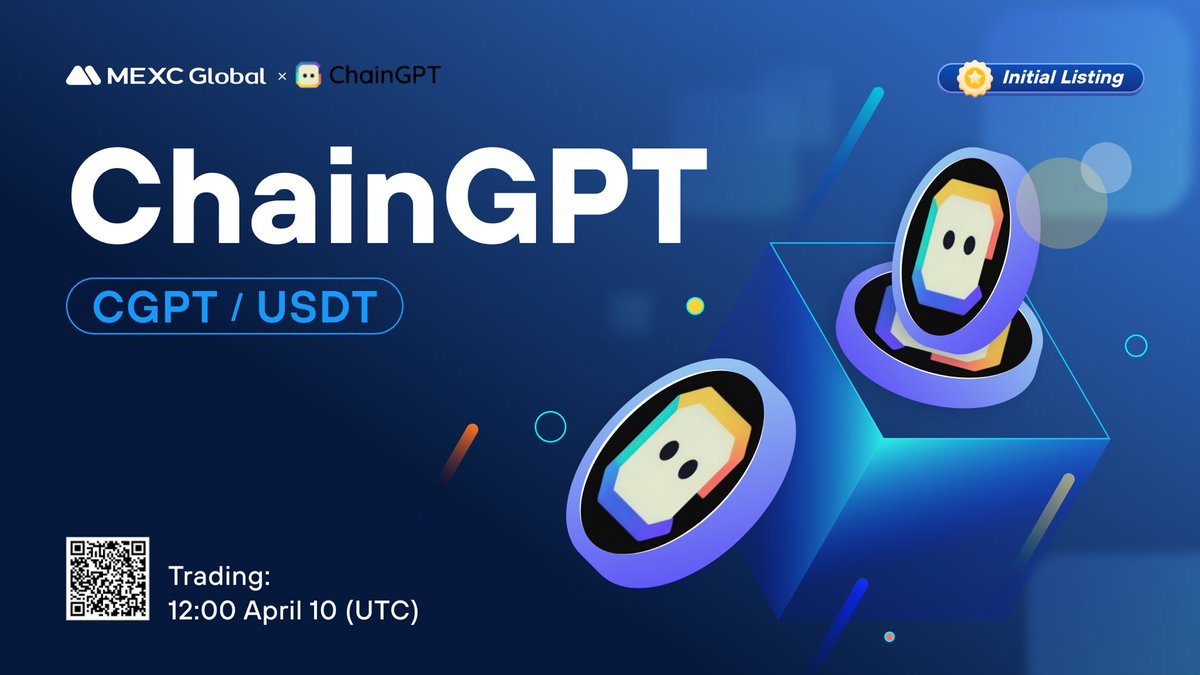 MEXC's tweet photo. Happy to announce that the @Chain_GPT Kickstarter has concluded and $CGPT will list on @MEXC_Global!  

🔹Deposit: Opened  
🔹CGPT/USDT Trading in the Innovation Zone: Apr 10, 12:00 (UTC)  

Details: https://t.co/LlXrofmL9A

#ChainGPT #MEXC https://t.co/ggsx9lzZ4T