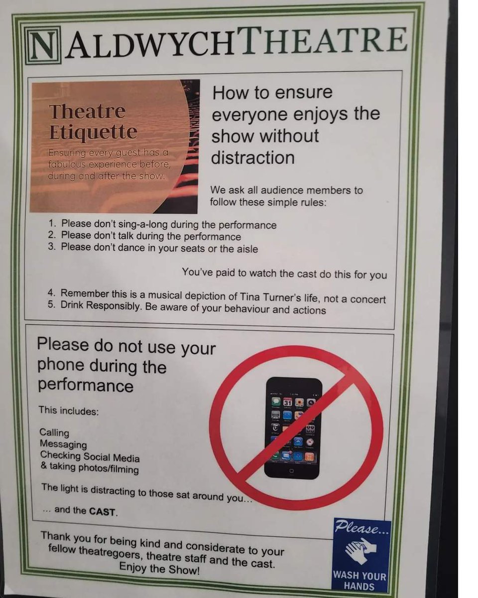 londontheatrer1's tweet image. It is so simple.

No singing-along, no talking, no clapping – people paid a lot to see the show.

Don’t be a latecomer – people don’t want to be interrupted.

Don’t use your phone. And do NOT record.

Don’t eat or drink during the show. 

Alcohol should be banned from theatres.