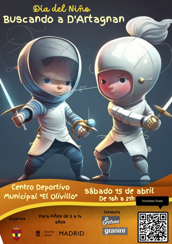 🤺👦🏻¡Atrévete a ser D'Artagnan por un día! 💥¡No te pierdas nuestro evento 'Día del Niño' este sábado 15 de abril en el Centro Deportivo Municipal El Olivillo! 🗓️📍 Ven a descubrir la esgrima y diviértete con nosotros de 16 a 21 horas. ¡No te lo puedes perder! 💪👦👧