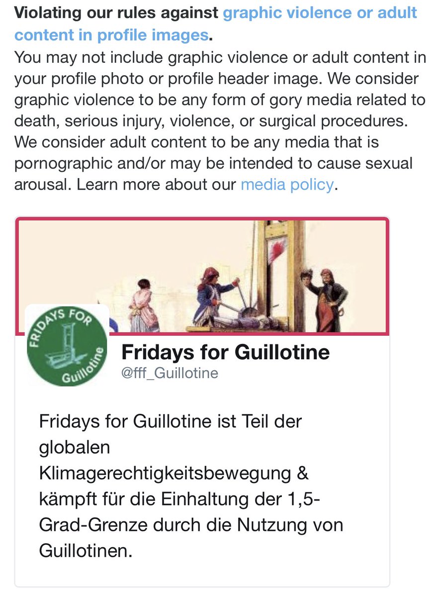 fff_Guillotine's tweet photo. Twitter gewährt uns nicht unsere Meinungsfreiheit. Deshalb wurden wir leider dazu gezwungen unser Twitter Banner zu löschen. 
Gegen das Autoritäre Regime von Twitter und für die #ökodiktatur des Proletariats! https://t.co/k8OXvvz295