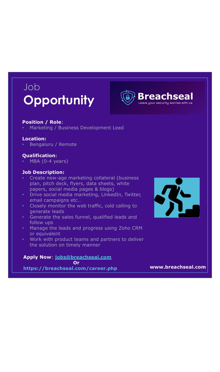 breachsealtech's tweet photo. Cybersecurity startup looking for talented MBA folks for marketing & business dev. Send CV to jobs@breachseals.com
#InternshipIndia
#InternshipOpportunities
#InternshipProgram
#InternshipAlert
#InternshipVacancy
#InternshipOpening
#InternshipPosition
#InternshipHiring https://t.co/40Xi9wAlYT