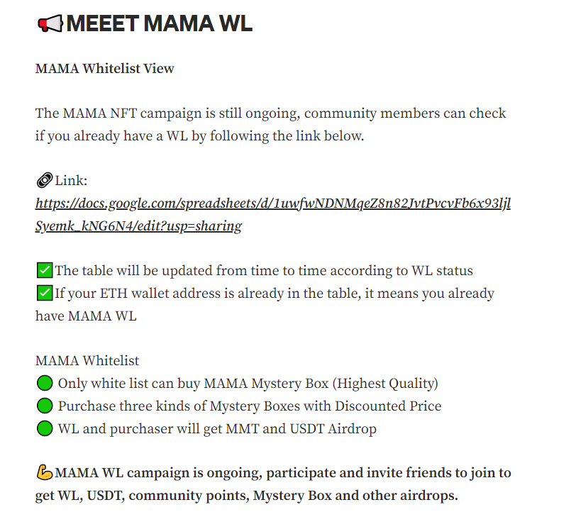 MEEETx <a href="/arbitrum/">Arbitrum</a>  MAMA WL

MAMA NFT campaign in progress!
Check if you have WL through the link below.

🔗Link: docs.google.com/spreadsheets/d…

✅The form will be updated from time to time
✅The wallet addresses in the table all have MAMA WL

Detail:medium.com/@MEEET/meeet-m…

#NFT #wl