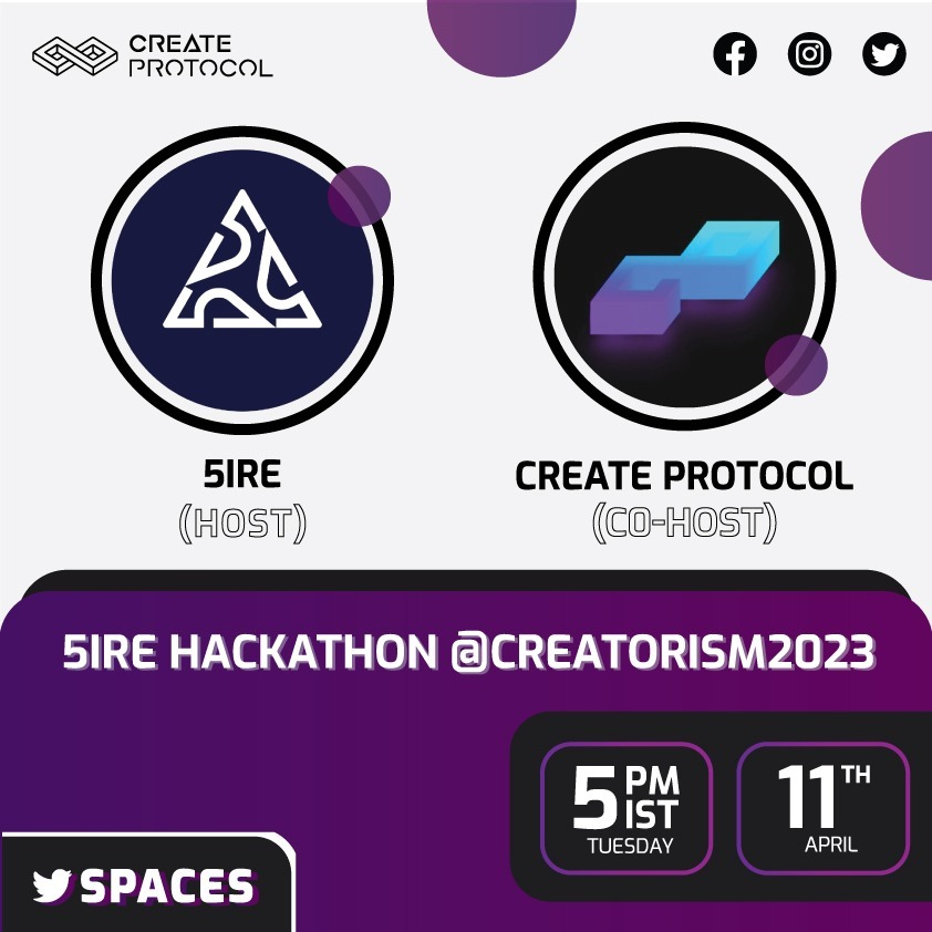 CreateProtocol's tweet photo. 1/Join us tomorrow for an exciting Twitter Spaces event with @5irechain as the host and Create Protocol  as the co-host! 🤝 

We'll be discussing the upcoming 5ire X Create Protocol Hackathon happening soon at our event #CREATORISM2023 during @nft_nyc🎨

 Tune in at 5 pm IST ⏲️👇 https://t.co/86T227G4MG