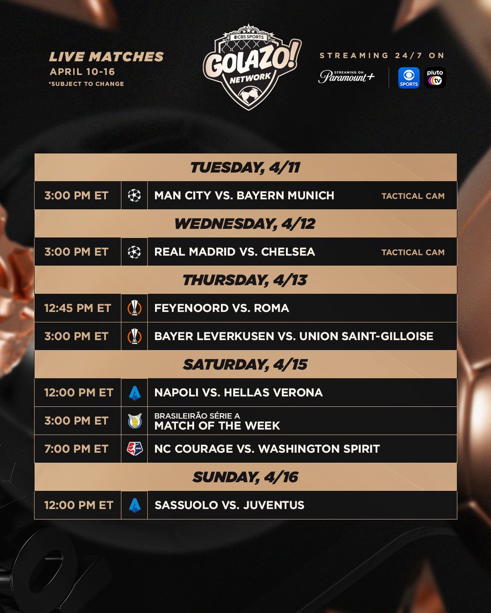 CBSSportsGang's tweet photo. CBS Sports Golazo Network launches Tuesday as a first-of-its-kind free, 24/7 digital network offering fans unparalleled global soccer coverage.

Live studio shows, exclusive UEFA Champions League coverage &amp; 12 live matches headline the early programming.

https://t.co/dUAsDZtsh4 https://t.co/HhUuBnw84S