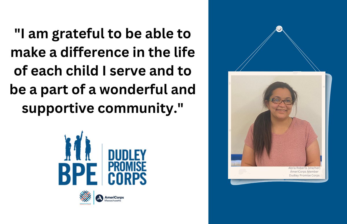 Abria is #grateful to be a Dudley Promise member! 

Dudley Promise Corps is a full-time, one-year #AmeriCorps program serving in one of <a href="/BPE_Boston/">BPE</a>'s Teaching Academies. 

Support Boston students and explore your career options with a paid opportunity.

Dudleypromisecorps.org/apply