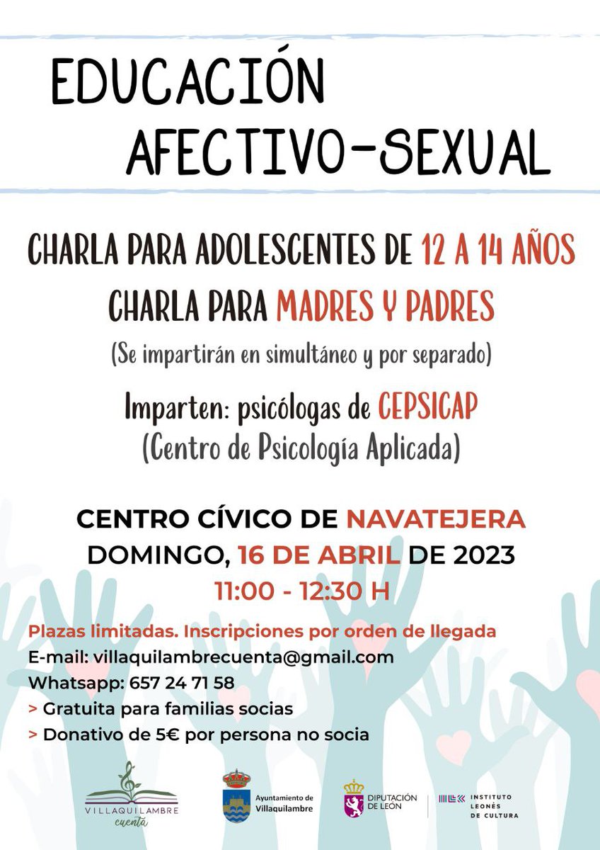 VqCuenta's tweet photo. Ya puedes inscribirte en las charlas sobre educación afectivo-sexual impartidas por psicólogas de @CEPSICAP dirigidas a preadolescentes de 12 a 14 años y a padres y madres.
Serán simultáneas y por separado el 16 de abril (11-12:30h) en el Centro Cívico de #Navatejera. https://t.co/RxaqAlCjL0