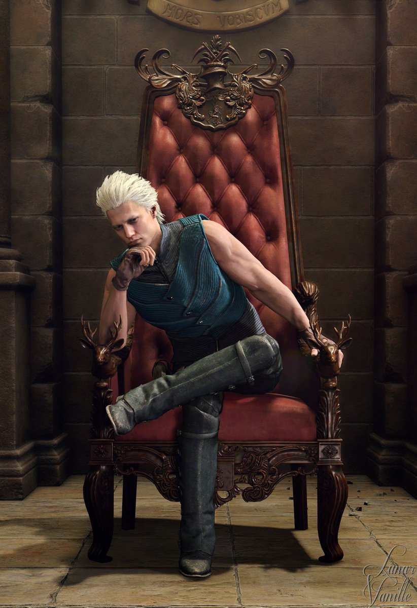 Vergil from devil may cry 4 sitting confidently at a restaurant