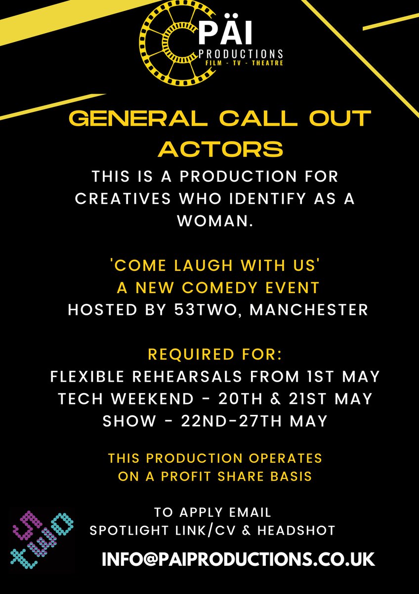 🖤💛ACTOR CALL OUT💛🖤

For creatives who identify as WOMEN. 
Please see details in the photo attached. 

Please retweet, share, tag! 
#acting #actor #newwriting #theatre #comedy #manchester #womencomedy #womenintheatre