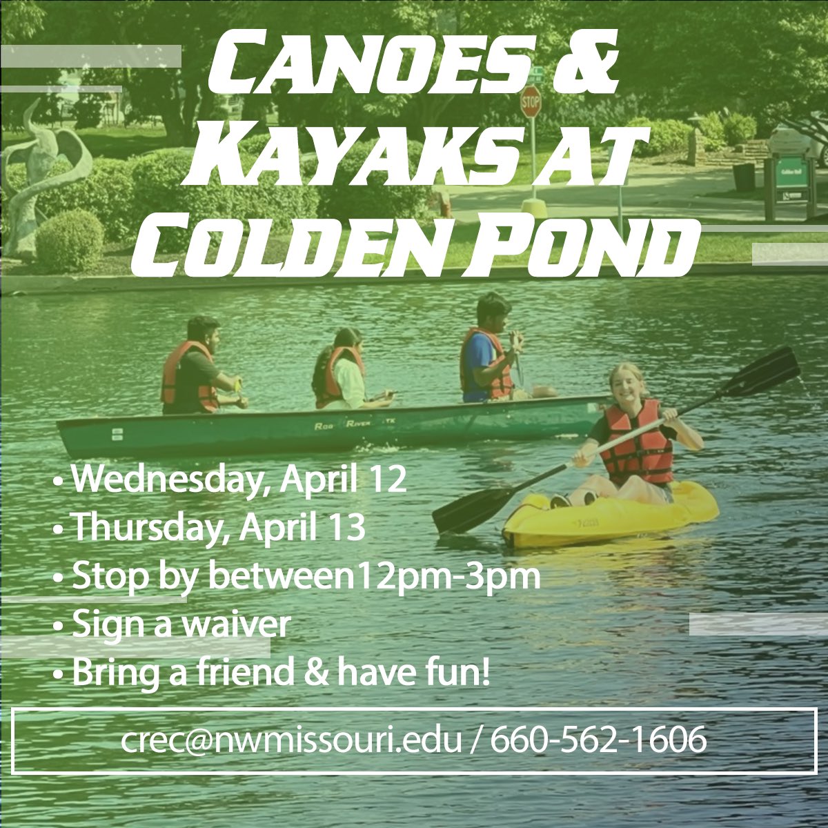 Canoes &amp; Kayaks at Colden Pond this Wednesday &amp; Thursday between 12-3pm! See you there! 🚣🏽‍♀️

<a href="/NWMOSTATE/">Northwest Missouri State University</a> <a href="/NW_UPD/">Northwest Missouri State UPD</a> <a href="/NW_OSI/">Student Involvement</a> <a href="/NW_SAC/">Northwest SAC</a> @NW_GreekLife <a href="/NW_StuAffairs/">NW Student Affairs </a> @dei_nwmsu <a href="/NW_Wellness/">Wellness Services</a> <a href="/NW_TIX_Equity/">Northwest Title IX and Equity</a> @NW__Esports <a href="/FosterFitnessC/">Foster Fitness Center</a> <a href="/BizNorthwestMo/">School of Business</a> <a href="/nw_triosss/">TRiO Student Support Services</a> <a href="/NW_IIC/">NW International Involvement Center</a>