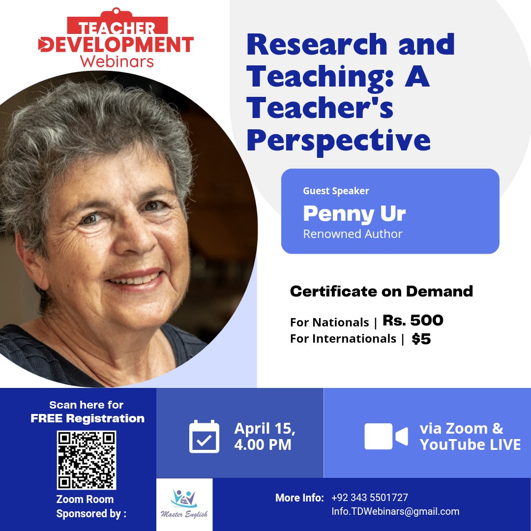 Join Penny Ur for our webinar “Research and Teaching: A Teacher's Perspective” <a href="/TDWebinars/">Teacher Development Webinars</a>, 15 April, 4pm Pakistan Time.

Register here: tdwebinars.org/research-and-t…

 YouTube: youtu.be/SCrNPvfKokw

#TDWebinars #PennyUr #Research #Teaching #Practice #Classroom #EFL #ESL #ELT #TESOL