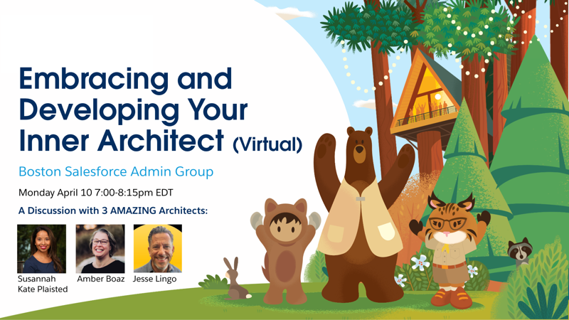 Boston Salesforce Admn Group (@bostonsfdc) on Twitter photo Last call for tonight's Boston Salesforce Admin Group Virtual Panel Discussion on Embracing and Developing Your Inner Architect with <a href="/sunnydalelow/">Susannah Kate Plaisted</a>, <a href="/JesseLingo/">Jesse Lingo</a> , and <a href="/amber9904/">Amber Boaz (she/her)</a>! Details and registration at: trailblazercommunitygroups.com/e/mjqnfe/ Last call for tonight's Boston Salesforce Admin Group Virtual Panel Discussion on Embracing and Developing Your Inner Architect with <a href="/sunnydalelow/">Susannah Kate Plaisted</a>, <a href="/JesseLingo/">Jesse Lingo</a> , and <a href="/amber9904/">Amber Boaz (she/her)</a>! Details and registration at: trailblazercommunitygroups.com/e/mjqnfe/
