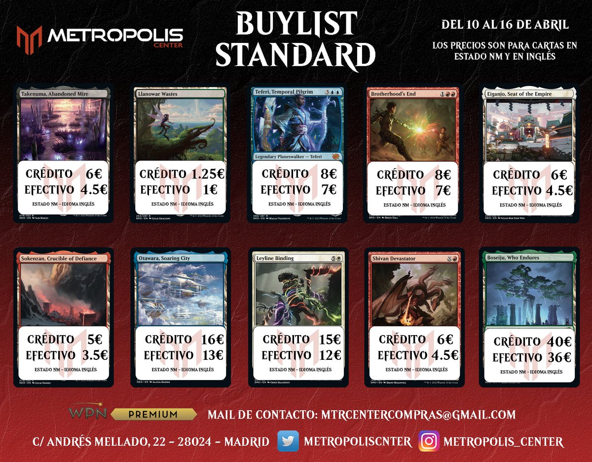 MetropolisCnter's tweet photo. Seguimos con nuestra sección de Buylist:
¿Quieres vender tus cartas?
Acércate a la tienda o escríbenos un correo y nosotros te decimos cómo hacerlo.
#buylist #MTG #cash4cards https://t.co/fjP6l9Y8rU