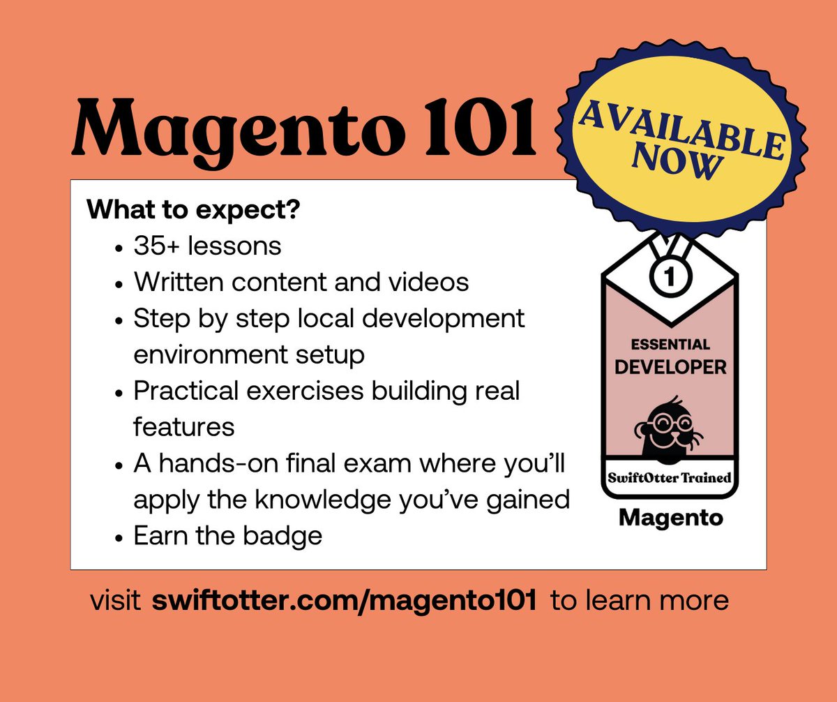 Magento 101 is available now!
Taught by the brilliant <a href="/ChrisNanninga/">Chris Nanninga</a>, SwiftOtter’s Magento 101 is not your average 101 course. This is a hands-on course that will guide you through building a practical, useful feature in Magento
#magento #magentodeveloper #swiftotter #magento101