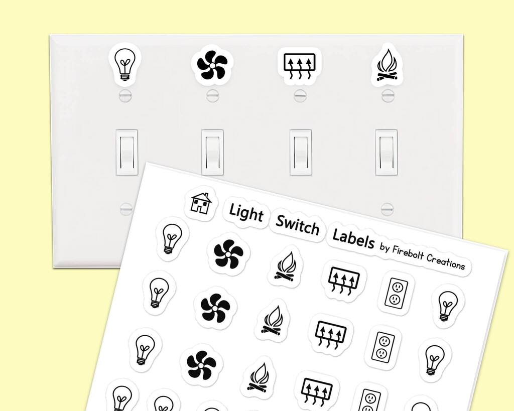 FireboltSews's tweet photo. NEW 💡 Light Switch Labels, now with the word labels in a simple font!  Was that the heater?  Was that the vent?  Who can remember!? These labels make it super for you, your guests, or your kids to identify which switch does what. 🏠 Say goodbye to con… https://t.co/V2oFDtZ3Y5 https://t.co/d6NEbYPrmF