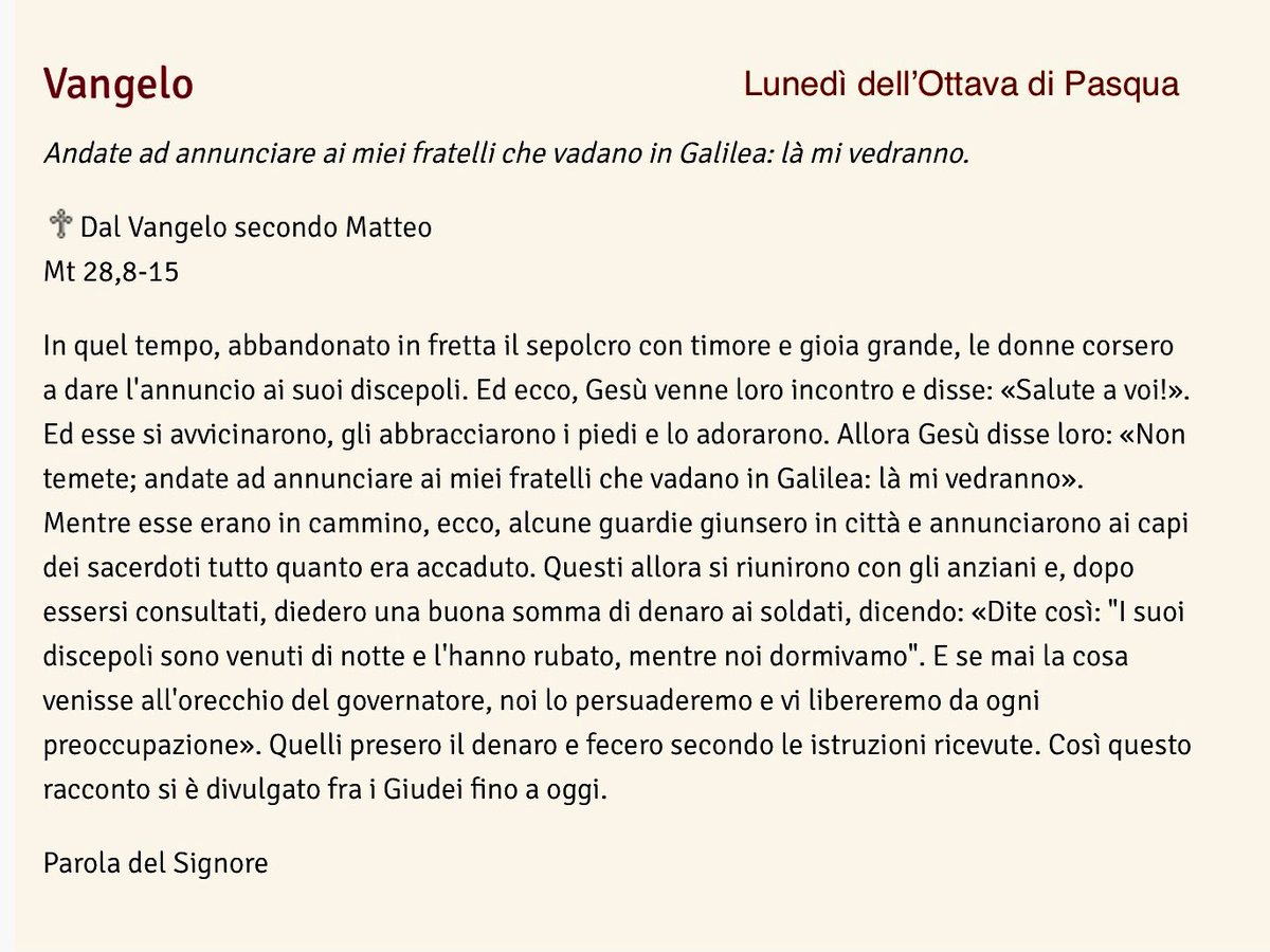 Pasquetta è una 2ª occasione per confrontarci con Gesù risorto.
Quelle donne «si avvicinarono, gli abbracciarono i piedi e lo adorarono».
Quegli altri corruppero o si lasciarono corrompere.
E noi, da che parte vogliamo stare?
👉 youtu.be/ZdanL2a4DqY 👈
1º #Lunedì #Pasqua2023