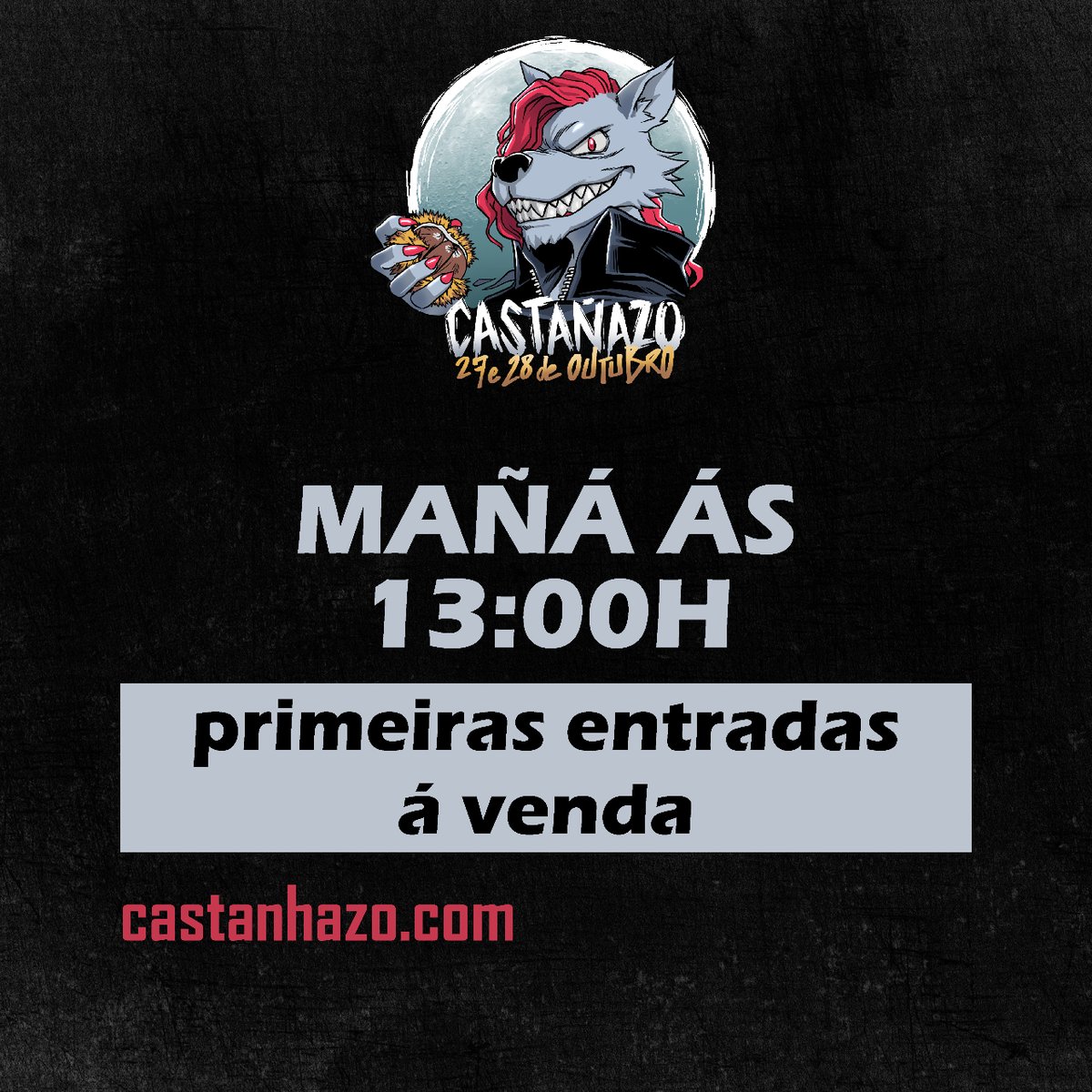 Primeiras entradas á venda este MARTES 11 ás 13:00H 🎉

Oferta limitada para as máis rápidas❗❗

👉 Primeiros 200 abonos a 25€ + gx 

🎫 Podes adquirilas en castanhazo.com (Link na bio) 

#Castañazo2023 27 e 28 de outubro no ❤️ de Galicia.
