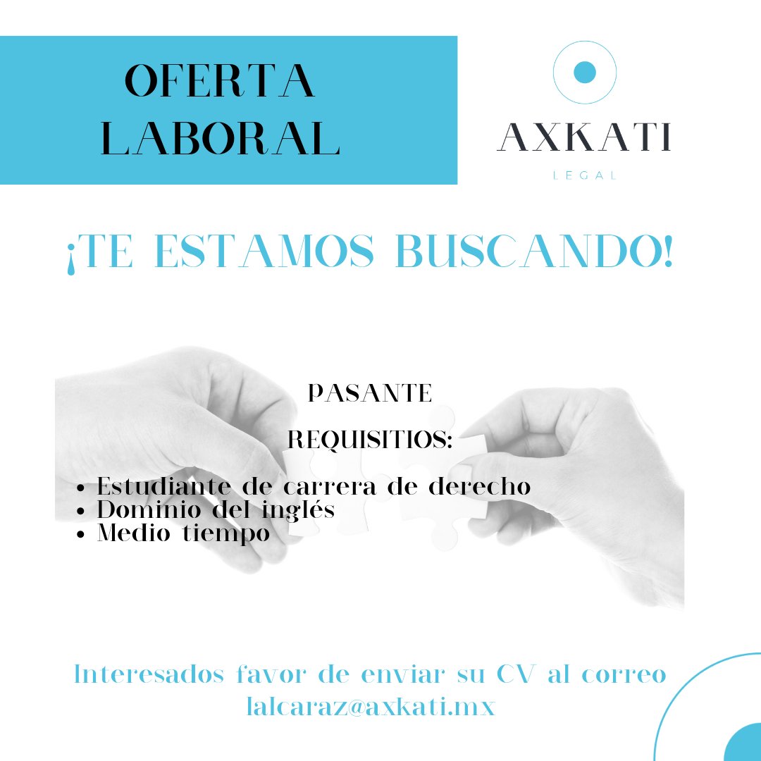 AxkatiLegal's tweet photo. 🚨#OFERTALABORAL - En @AxkatiLegal estamos contratando para los puestos de Asociado Jr. y pasante (8 semestre en adelante) (en ambos casos sexo indistinto)
Interesados favor de enviar su CV al correo lalcaraz@axkati.mx
#Mexico #IP #Abogados #Axkati https://t.co/47NGhQ7Nfy