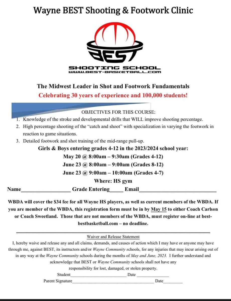 WayneLadyDevils's tweet image. Great opportunity for soon to be 4th-12th graders! Big shoutout to WBDA as they will cover the cost for Wayne High players &amp;amp; any WBDA members. All are welcome to attend. Forms can be found at the Elementary, High School, or online. It’s going to be great!

best-basketball.com/courses/285/wa…
