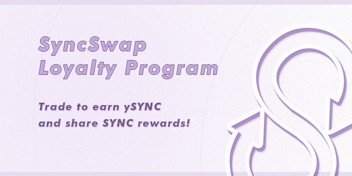 We are excited to announce the SyncSwap Loyalty Program, the special incentive program for traders 

The Genesis Epoch Is Live ✨

Trade on SyncSwap now and start earning ySYNC! 

Guide &amp; Details 🧭 👇

mirror.xyz/0x000002c34bAE…

Docs 📕
syncswap.gitbook.io/syncswap/incen…