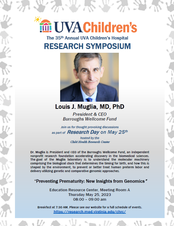 Mark your calendar for our 35th Annual “Research Day” on May 25th! Leading up to Research Day we have the “Trainee Competition” on May 12th. @uvahealthnews @UVAPediatrics med.virginia.edu/chrc/annual-re…