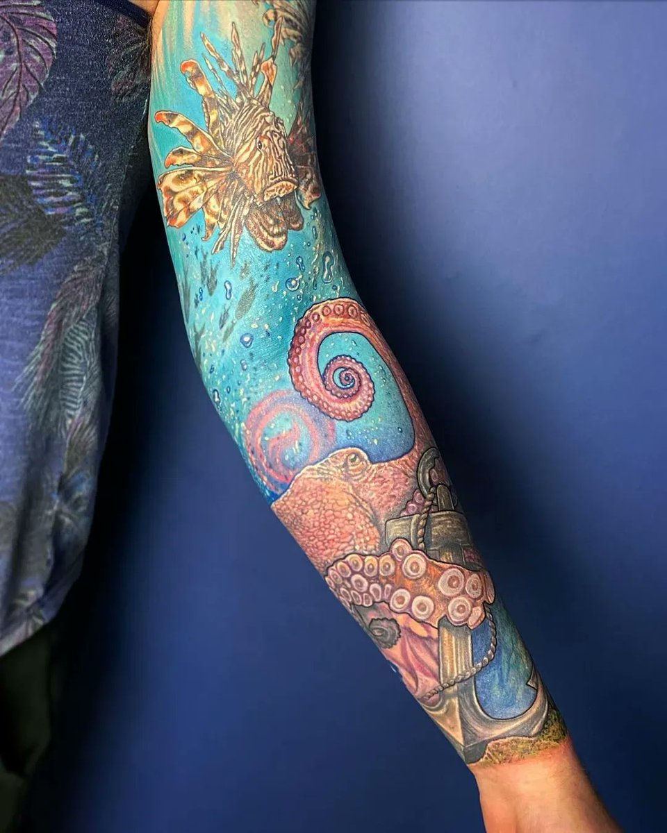 Brilliant sea-themed sleeve from Ben Carlisle done with  #magnumtattoosupplies 💪🏻 . . octopus #lionfish #marinetattoo  #realistictattoo #art #ocean #tattooart #turtletattoo #colourtattoo #tattoos  #sealifetattoo #seaturtletattoo Instagram ..., image size:960x1200