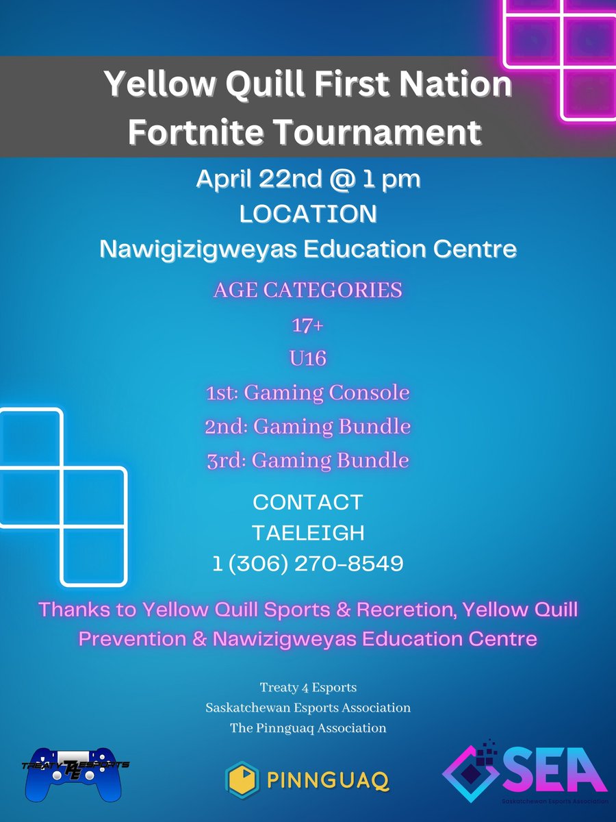 #Pinnguaq is proud to support Treaty 4 Esports! 🎮 If you live in Saskatchewan and love #Fortnite as much as we do, don't miss their upcoming tournament on April 22nd. 🗓️ Contact Taeleigh for all the details! 1 (306) 270-8549
