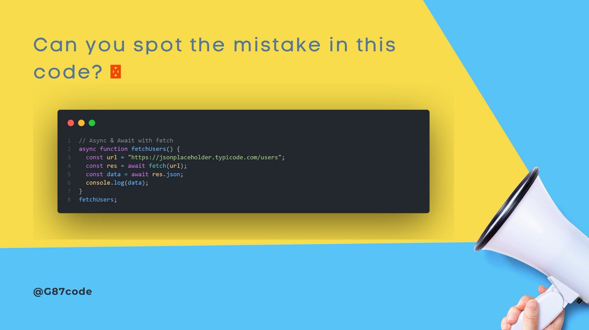 g87code's tweet image. Hint: check each line carefully 😉 #codingmistake #javascript #webdev
Don't forget to like, retweet, and follow me for more coding tips and tricks! 🚀👨💻
