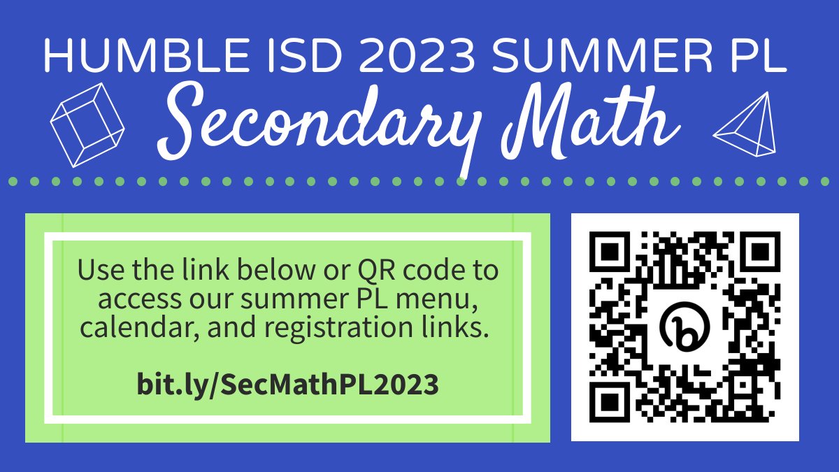 Humble_2ndMath's tweet image. Who's ready for Summer Professional Learning? Join us in June for some rich learning, designing, and collaboration that will make big impact in your classroom! Registration links go live April 11 at 4:30 PM. #BuildingMathematicians @HumbleISD @HumbleISD_PL