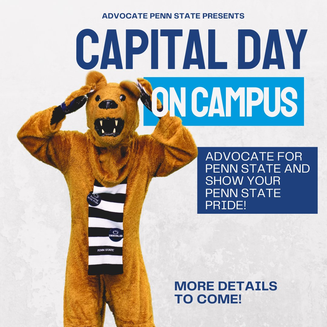 Mark your calendars to advocate in HUB! On April 14, @AdvocateState’s Capital Day On Campus will bring the University’s single-largest day of advocacy to the HUB to encourage students to show support for fairer funding for Penn State.  Learn more at govt.psu.edu/capital-day/!