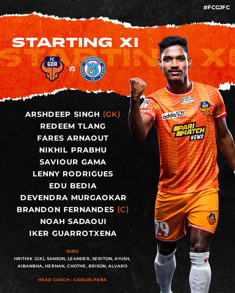 FCGoaOfficial's tweet photo. Here’s how we line up for our #HeroSuperCup opener tonight vs Jamshedpur FC! 🧡💪🏻

#ForcaGoa #UzzoOnceAgain #FCGJFC https://t.co/AVIu7JstdF