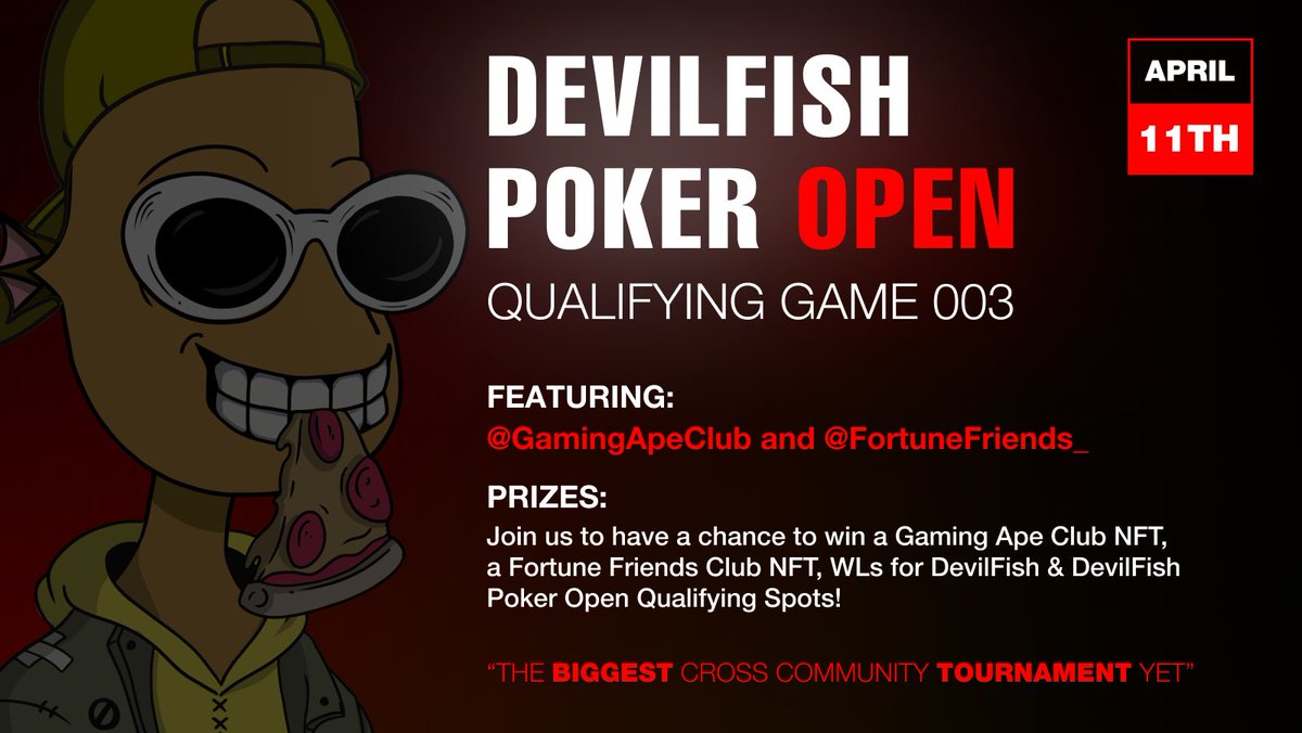 𝑫𝑬𝑽𝑰𝑳𝑭𝑰𝑺𝑯 𝑷𝑶𝑲𝑬𝑹 𝑶𝑷𝑬𝑵 | 𝑸𝑼𝑨𝑳𝑰𝑭𝒀𝑰𝑵𝑮 𝑮𝑨𝑴𝑬 003
 
THE BIGGEST CROSS-COMMUNITY TOURNAMENT YET &amp; THE THIRD QUALIFYING GAME FOR 'DEVIL FISH POKER OPEN'.

⌛️| Tuesday, 11th April 2023 |  17:00 GMT      

𝑺𝑰𝑮𝑵 𝑼𝑷  |
pokernow.club/mtt/devilfishc…

1/2👹