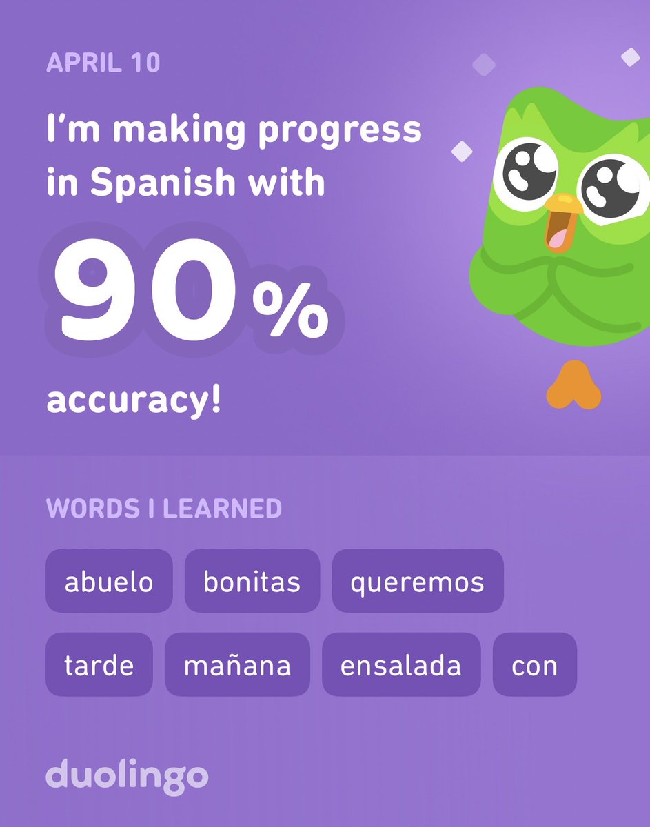 C_Victoria2010's tweet photo. I’m learning Spanish on Duolingo! It’s free, fun, and effective. ⁦@duolingo⁩ https://t.co/2Gcb68FATc